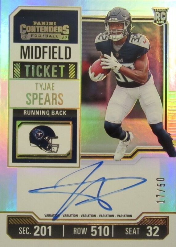 Tyjae Spears 2023 Contenders #137 Rookie Ticket Auto Variation - Midfield Ticket /50 PSA 10