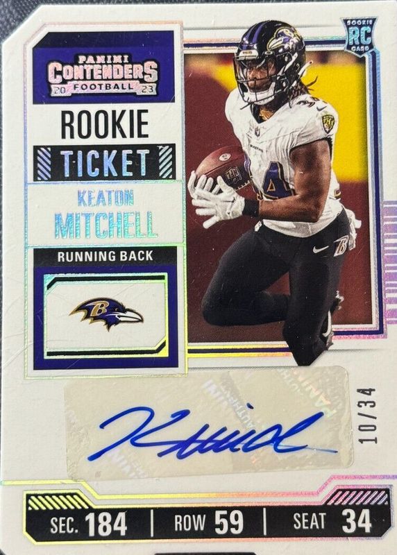 Keaton Mitchell 2023 Contenders #248 Rookie Ticket Auto - Ticket Stub (/34) PSA 10