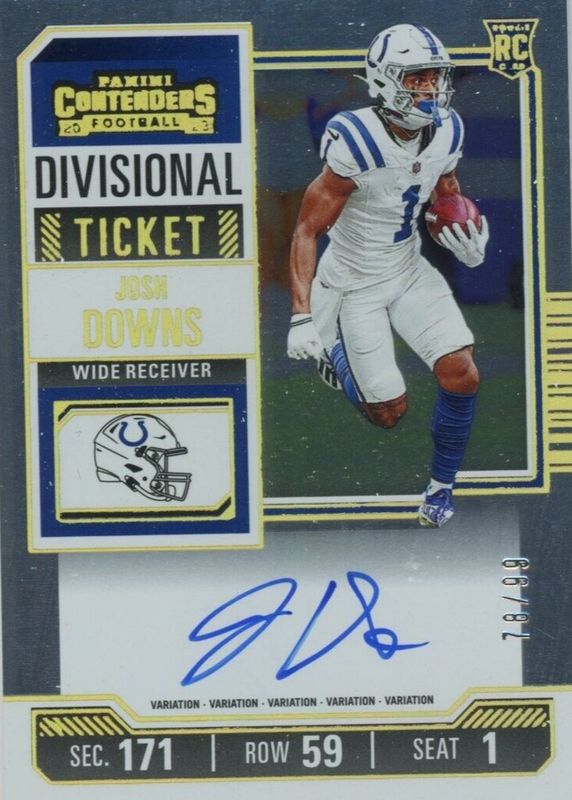 Josh Downs 2023 Contenders #121 Rookie Ticket Auto Variation - Divisional Ticket /99 Rookie SGC 10