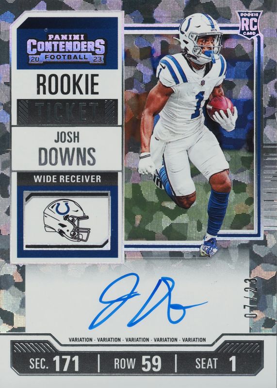 Josh Downs 2023 Contenders #121 Rookie Ticket Auto Variation - Cracked Ice Ticket /23 RAW