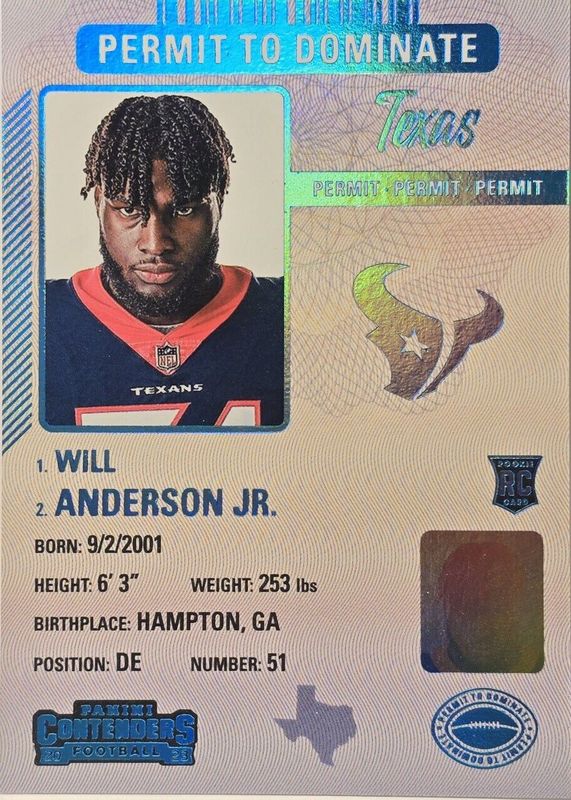 Will Anderson Jr. 2023 Contenders #38 Permit to Dominate /(SSP) Rookie SGC 9