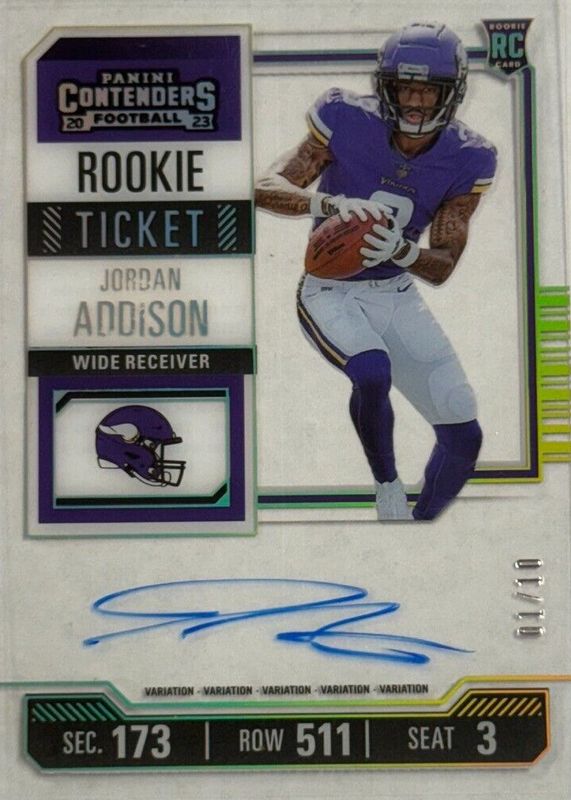 Jordan Addison 2023 Contenders #120 Rookie Ticket Auto Variation - Clear Ticket /10 Rookie SGC 10