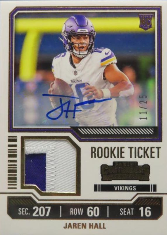 Jaren Hall 2023 Contenders #TS16 Rookie Ticket Swatches Autographs /25 Rookie SGC 10