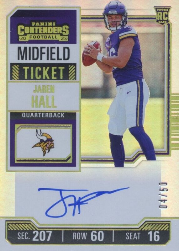 Jaren Hall 2023 Contenders #116 Rookie Ticket Auto - Midfield Ticket /50 Rookie PSA 9