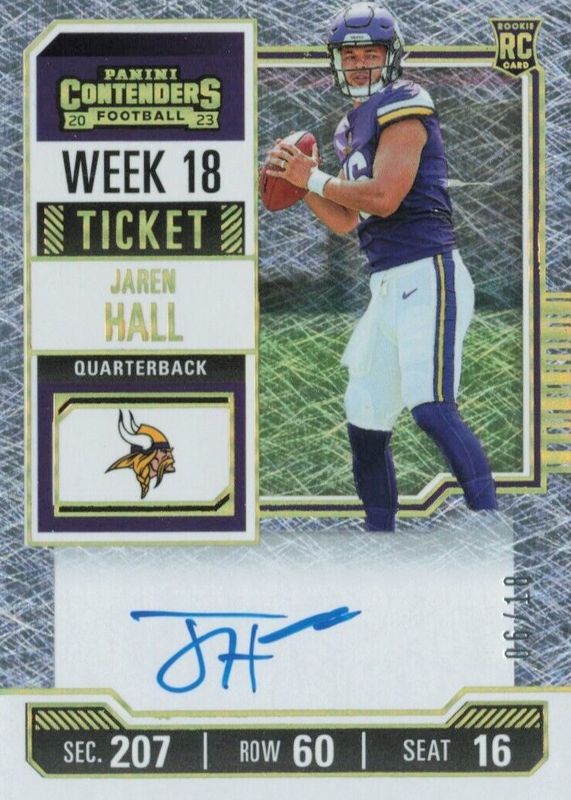 Jaren Hall 2023 Contenders #116 Rookie Ticket Auto - Week 18 /18 Rookie PSA 9