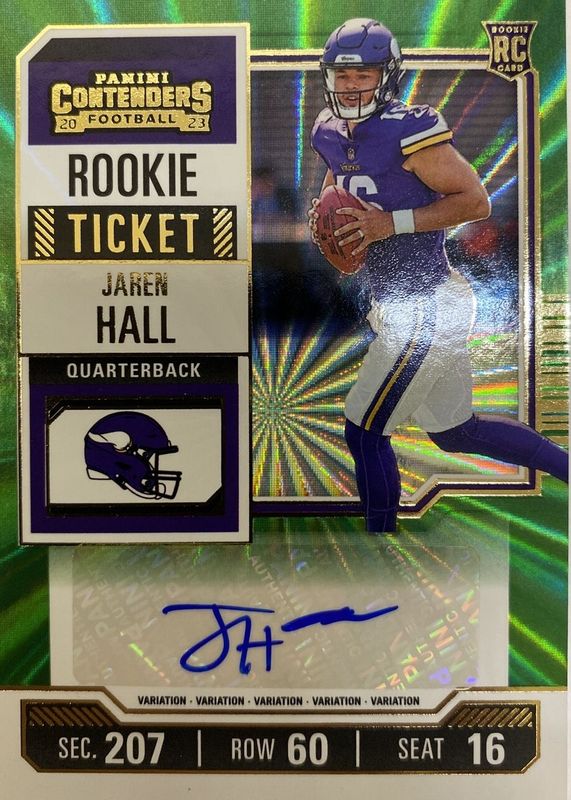 Jaren Hall 2023 Contenders #116 Rookie Ticket Auto Variation - Opening Kickoff Ticket Rookie BGS 9.5