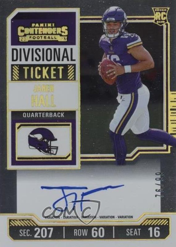 Jaren Hall 2023 Contenders #116 Rookie Ticket Auto Variation - Divisional Ticket /99 Rookie SGC 10