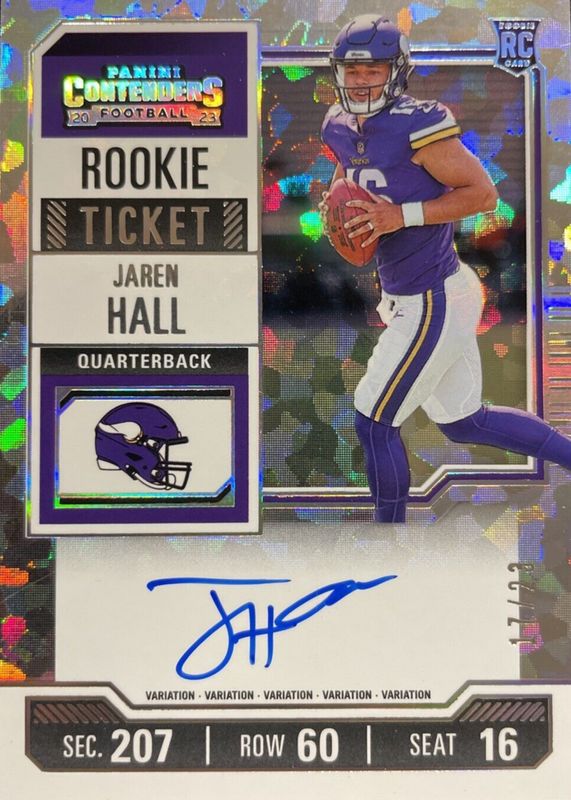 Jaren Hall 2023 Contenders #116 Rookie Ticket Auto Variation - Cracked Ice Ticket /23 Rookie SGC 10