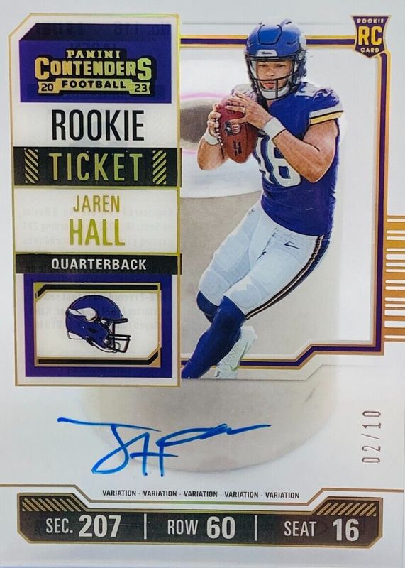 Jaren Hall 2023 Contenders #116 Rookie Ticket Auto Variation - Clear Ticket /10 Rookie RAW