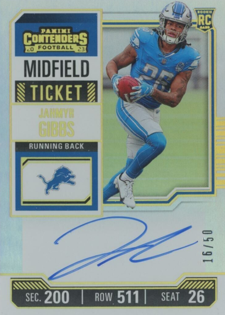 Jahmyr Gibbs 2023 Contenders #112 Rookie Ticket Auto - Midfield
