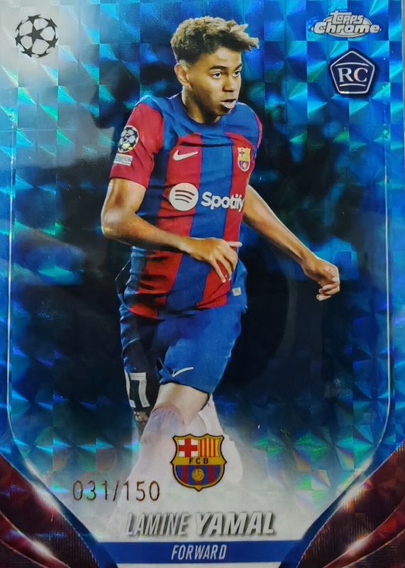 Lamine Yamal 2023 Topps Chrome UEFA Club Competitions #64 Blue Geometric Refractor /150 Rookie RAW