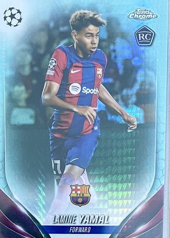 Lamine Yamal 2023 Topps Chrome UEFA Club Competitions #64 Aqua Prism Refractor Rookie PSA 10