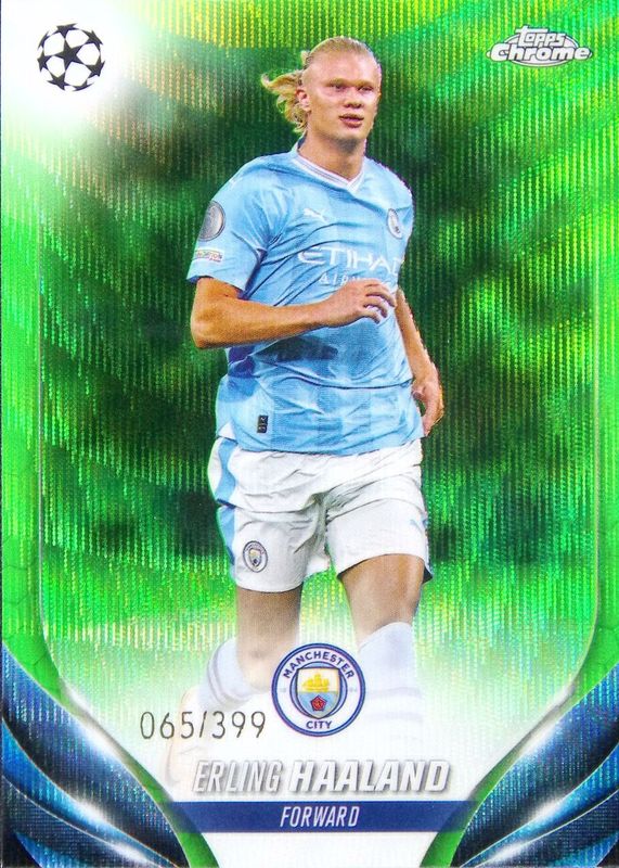 Erling Haaland 2023 Topps Chrome UEFA Club Competitions #39 Neon Green Wave Refractor /399 PSA 10