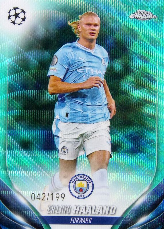 Erling Haaland 2023 Topps Chrome UEFA Club Competitions #39 Aqua Wave Refractor /199 RAW