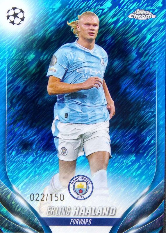 Erling Haaland 2023 Topps Chrome UEFA Club Competitions #39 Blue Shimmer Refractor /150 RAW