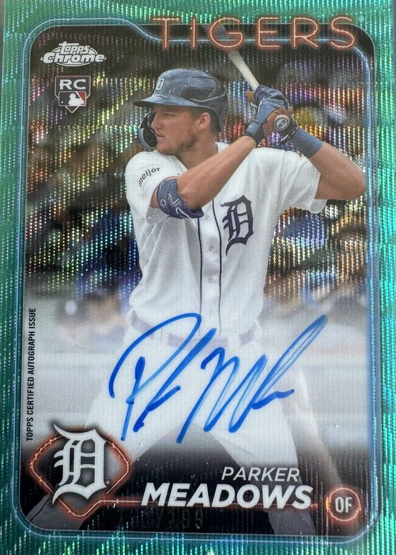 Parker Meadows 2024 Topps Chrome #RA-PM Rookie Autographs - Aqua Wave Refractor /199 Rookie SGC 9.5