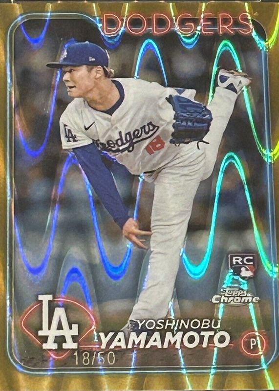 Yoshinobu Yamamoto 2024 Topps Chrome #18 Gold Wave Refractor /50 Rookie PSA 9