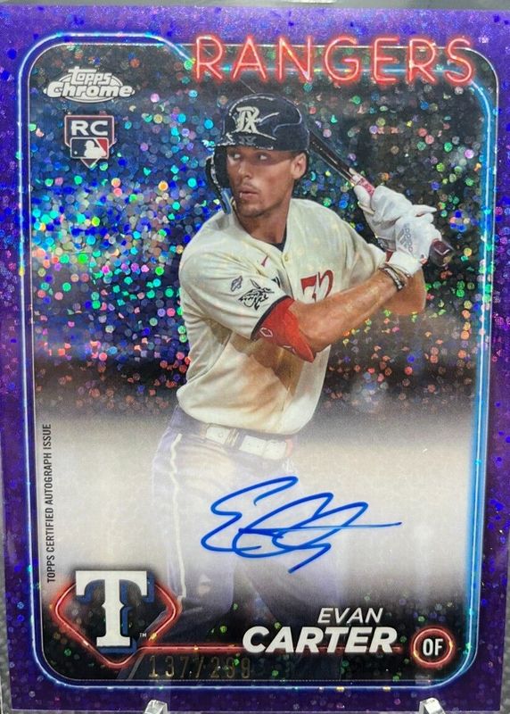 Evan Carter 2024 Topps Chrome #RA-EC Rookie Autographs - Purple Speckle Refractor /299 Rookie SGC 9