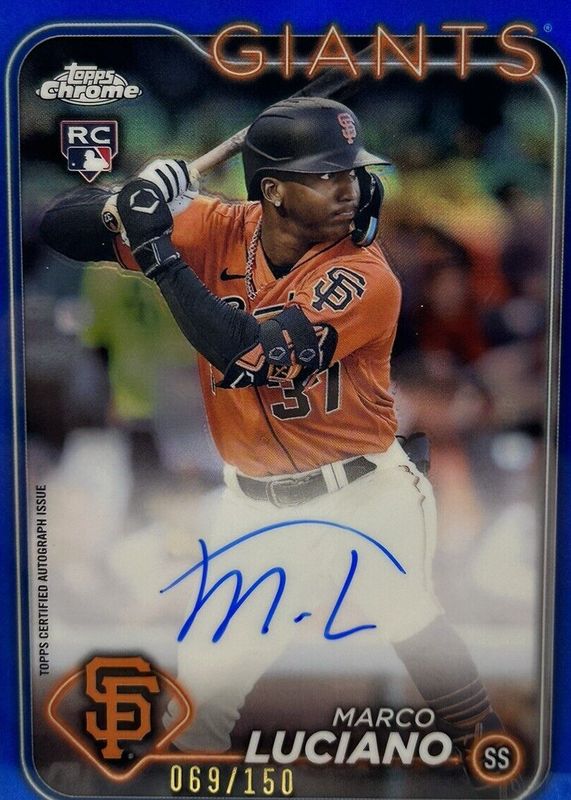 Marco Luciano 2024 Topps Chrome #RA-ML Rookie Autographs - Blue Refractor /150 Rookie RAW