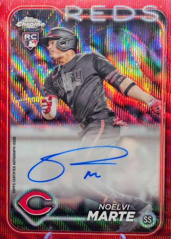 Noelvi Marte 2024 Topps Chrome #RA-NM Rookie Autographs - Red Wave Refractor /5 PSA 10