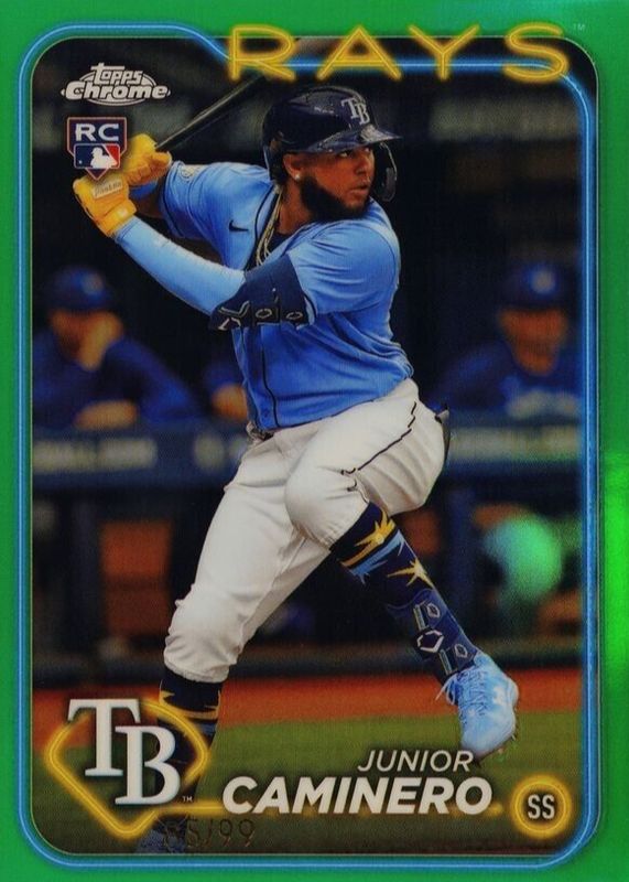 Junior Caminero 2024 Topps Chrome #213 Green Refractor /99 Rookie PSA 10