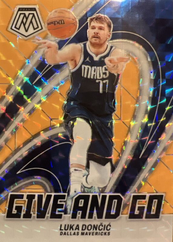 Luka Doncic 2023 Mosaic #11 Give and Go - Orange Fluorescent /25 RAW