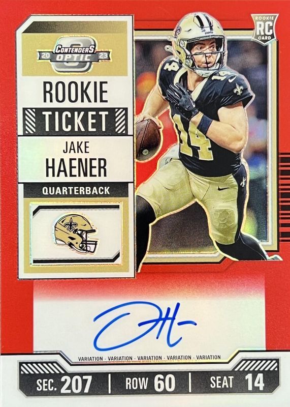 Jake Haener 2023 Contenders Optic #113 Rookie Ticket Auto Variation - Red /99 Rookie SGC 9.5