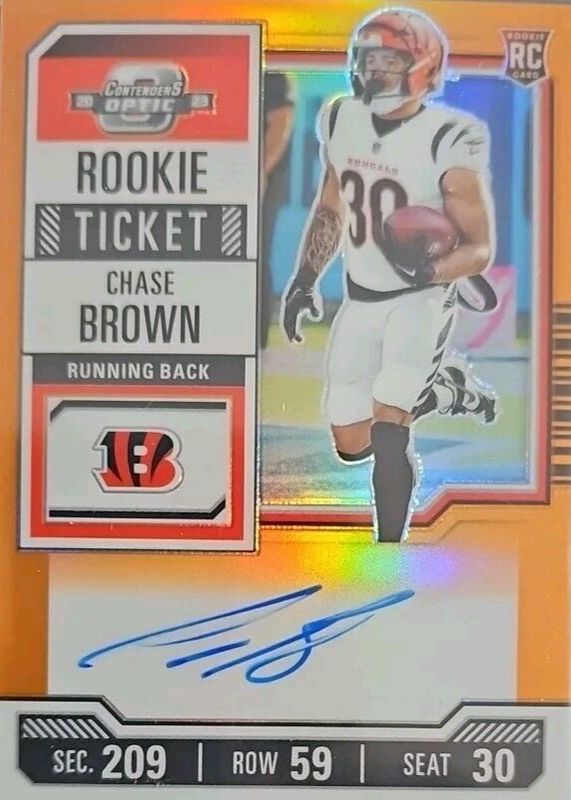 Chase Brown 2023 Contenders Optic #105 Rookie Ticket Auto - Orange /50 SGC 10