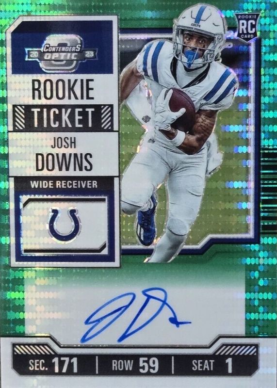 Josh Downs 2023 Contenders Optic #121 Rookie Ticket Auto - Green Pulsar /30 Rookie SGC 9