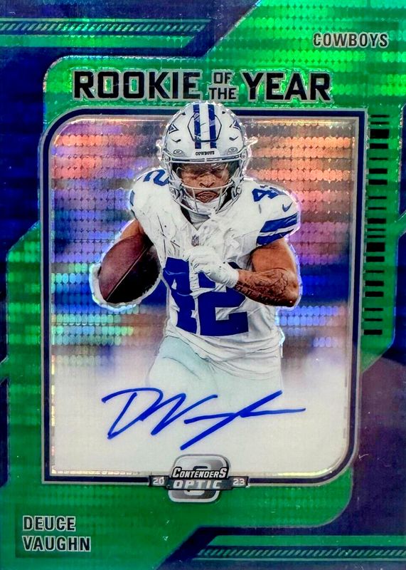 Deuce Vaughn 2023 Contenders Optic #ROY-DV Rookie of the Year Contenders Autographs - Green Pulsar /30 Rookie SGC 9.5