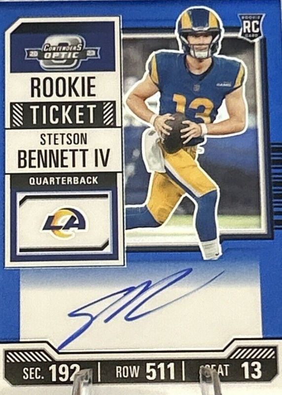 Stetson Bennett IV 2023 Contenders Optic #133 Rookie Ticket Auto - Blue /75 Rookie SGC 10