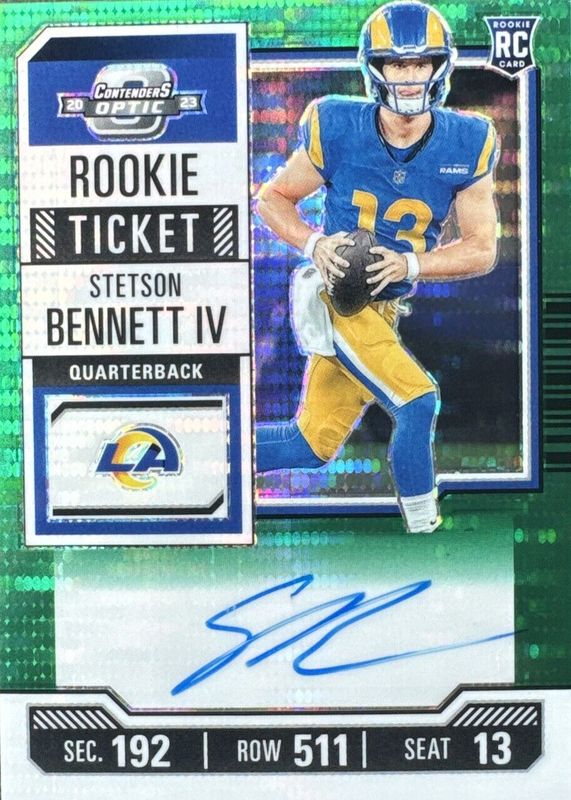 Stetson Bennett IV 2023 Contenders Optic #133 Rookie Ticket Auto - Green Pulsar /30 Rookie PSA 10