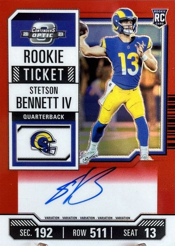 Stetson Bennett IV 2023 Contenders Optic #133 Rookie Ticket Auto Variation - Red /99 RAW