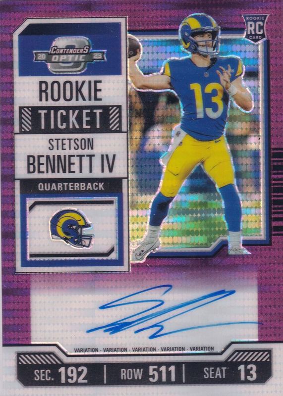 Stetson Bennett IV 2023 Contenders Optic #133 Rookie Ticket Auto Variation - Purple Pulsar /21 RAW