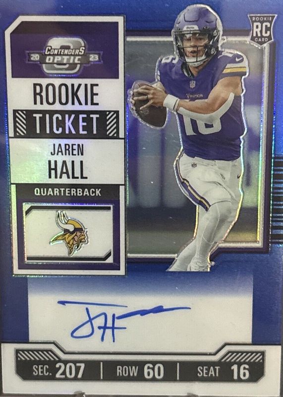 Jaren Hall 2023 Contenders Optic #116 Rookie Ticket Auto - Blue /75 Rookie SGC 9.5