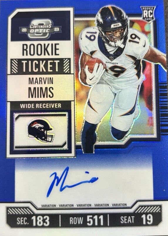 Marvin Mims 2023 Contenders Optic #124 Rookie Ticket Auto Variation - Blue /50 PSA 10