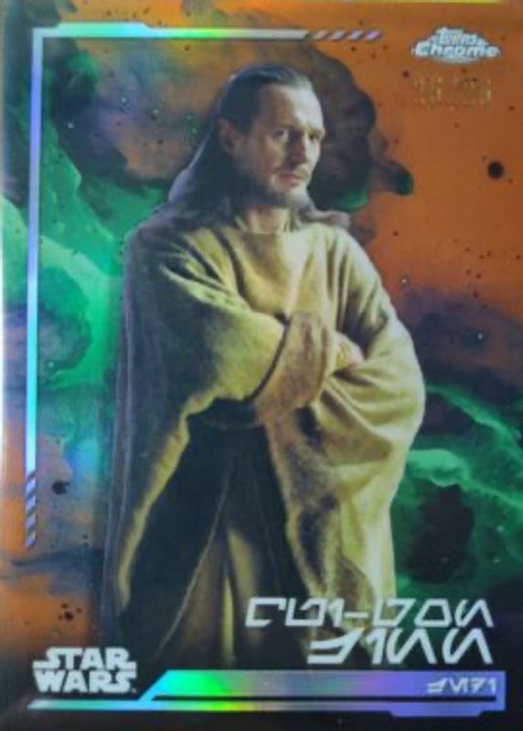 Qui-Gon Jinn 2024 Topps Chrome Star Wars #AV-128 Aurebesh Variation - Rebel Orange Refractor /25 PSA 10