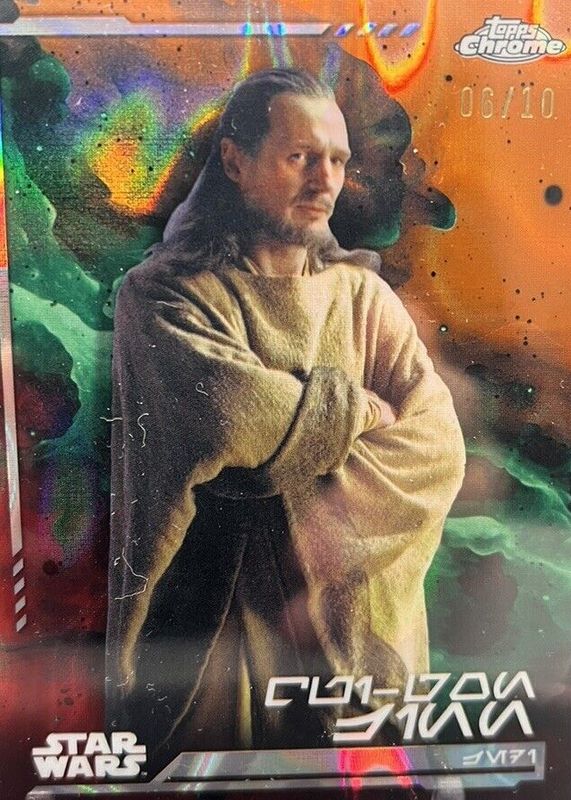 Qui-Gon Jinn 2024 Topps Chrome Star Wars #AV-128 Aurebesh Variation - Mustafar Lava Refractor /10 PSA 10