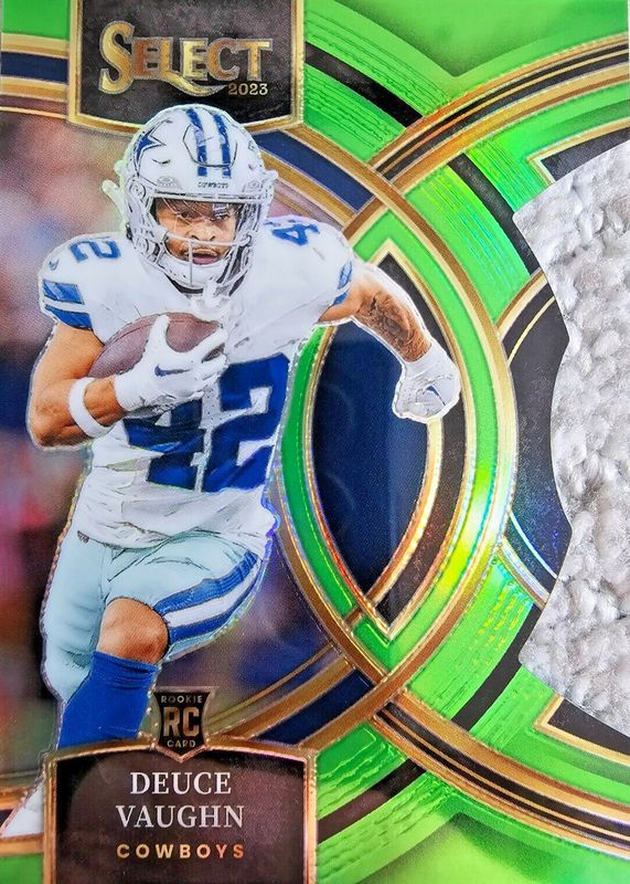 Deuce Vaughn 2023 Select #128 Premier Level Neon Green Die-Cut /499 Rookie RAW