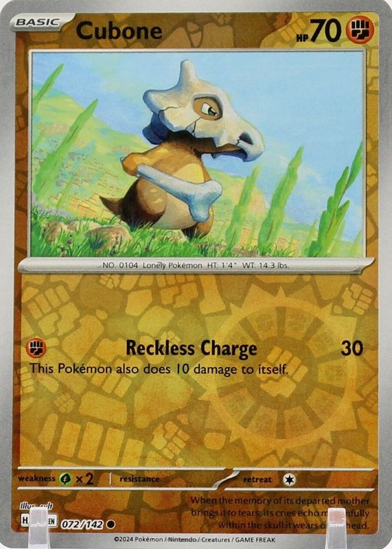 Cubone 2024 Scarlet & Violet: Stellar Crown #072/142 Reverse Holo RAW TCG (NEAR MINT)