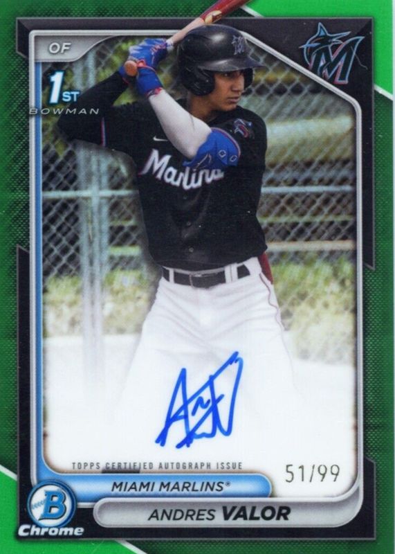 Andres Valor 2024 Bowman Chrome #CPA-AV Prospect Auto - Green Refractor /99 (1st) RAW