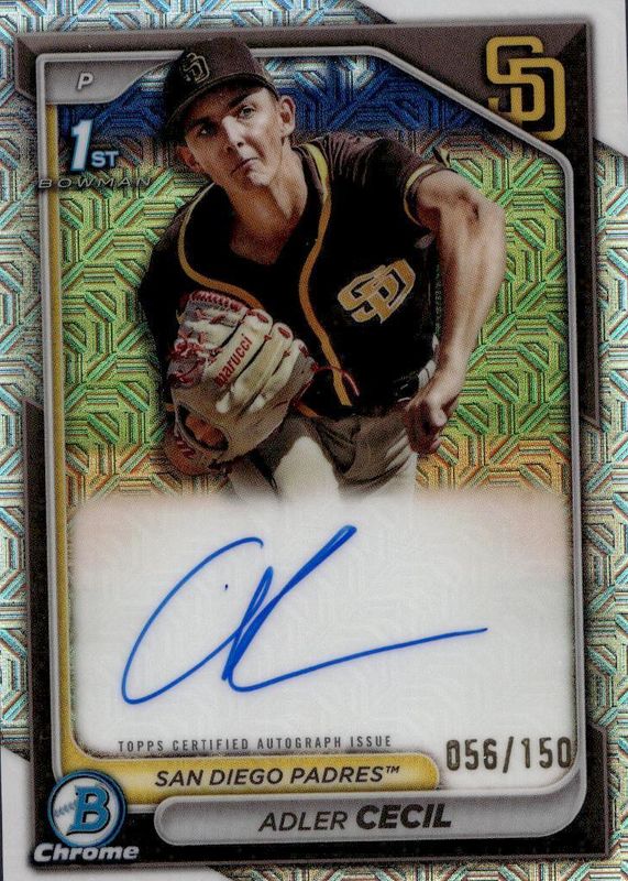 Adler Cecil 2024 Bowman Chrome #CPA-CA Prospect Auto - HTA Choice Refractor /150 (1st) PSA 10