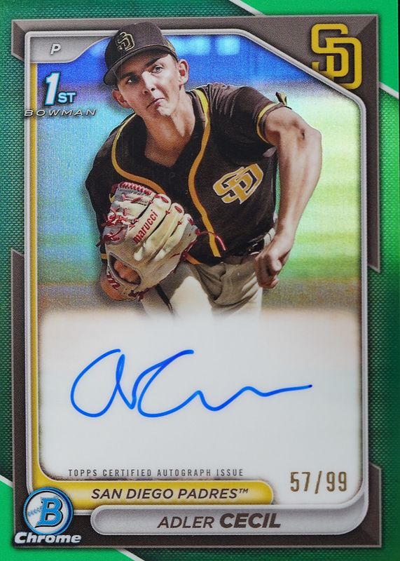 Adler Cecil 2024 Bowman Chrome #CPA-CA Prospect Auto - Green Refractor /99 (1st) RAW