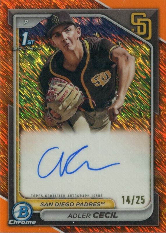 Adler Cecil 2024 Bowman Chrome #CPA-CA Prospect Auto - Orange Shimmer Refractor /25 (1st) RAW