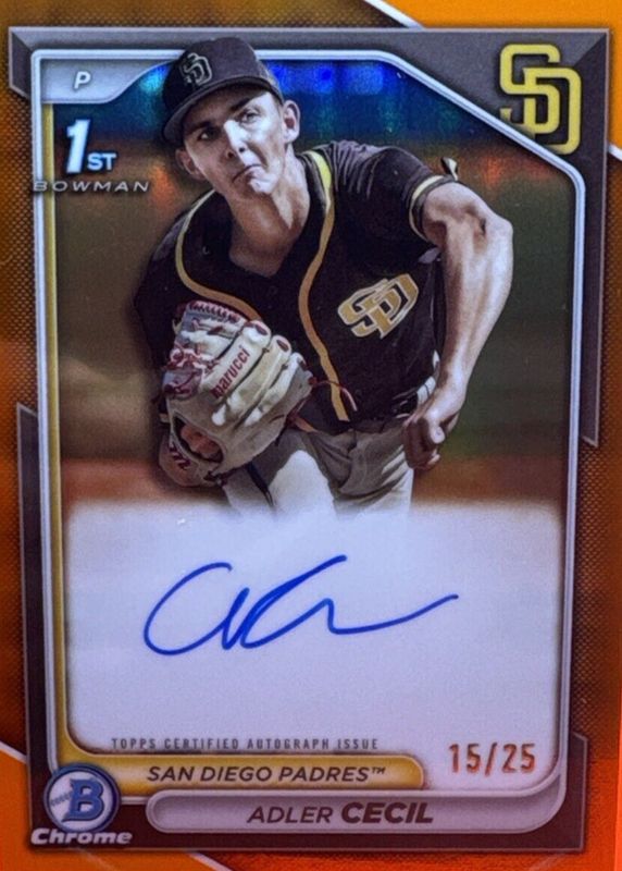 Adler Cecil 2024 Bowman Chrome #CPA-CA Prospect Auto - Orange Refractor /25 (1st) SGC 10