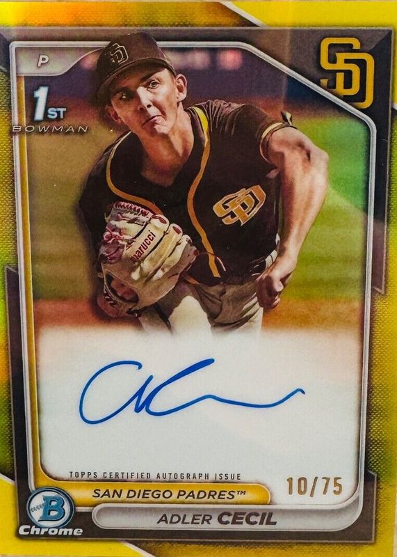 Adler Cecil 2024 Bowman Chrome #CPA-CA Prospect Auto - Yellow Refractor /75 (1st) PSA 10