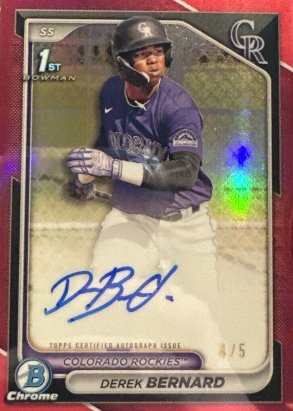 Derek Bernard 2024 Bowman Chrome #CPA-DB Prospect Auto - Red Refractor /5 (1st) RAW