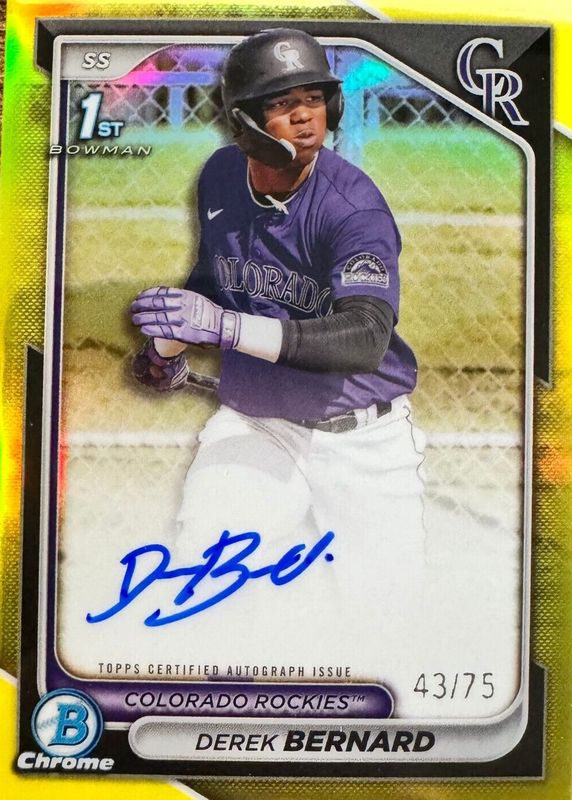Derek Bernard 2024 Bowman Chrome #CPA-DB Prospect Auto - Yellow Refractor /75 (1st) RAW