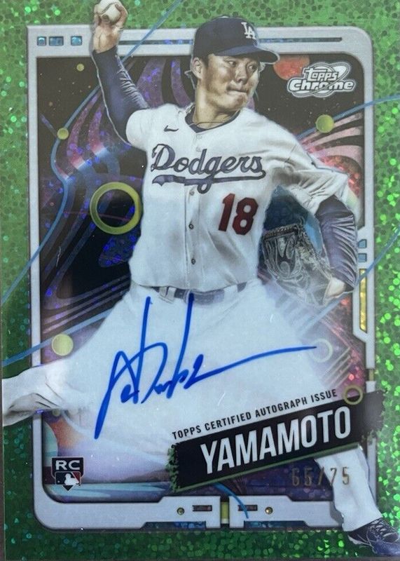 Yoshinobu Yamamoto 2024 Topps Chrome Cosmic #CCA-YY Autographs - Green Space Dust Refractor /75 Rookie RAW