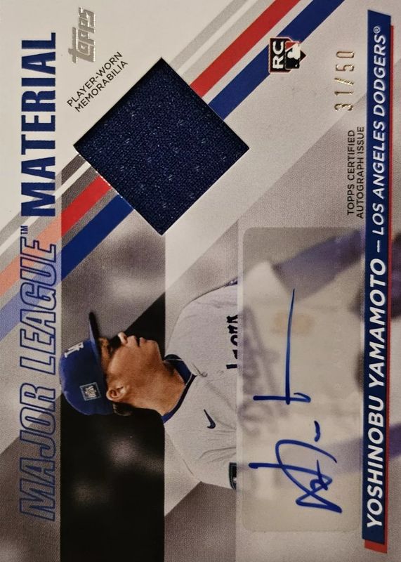 Yoshinobu Yamamoto 2024 Topps Update #MLMAU-YY Major League Material Autographs /50 Rookie RAW